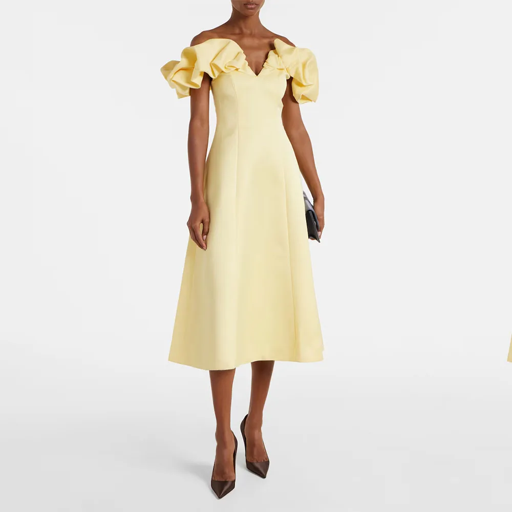 

Modern Yellow Satin Women's Evening GownA Line Tea Length Formal Party Dress Off The Shoulder Saudi Dress Sleeveless Prom Dress