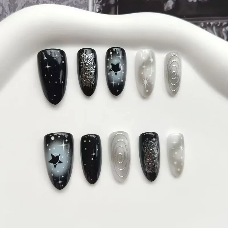 10Pcs 3D Silver Plated Lines Dark Sweetheart Short Almond Sweet & Cool Nail Stickers Press on Nails Removable Fake Nail Manicure
