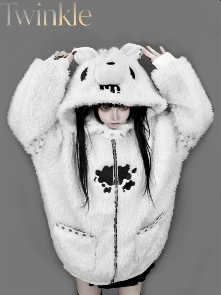 Japanese Style Cute Plush Jacket Autumn Winter Coat New Bear Ears Subculture Y2K Sweet Cool Fleece Hoodie