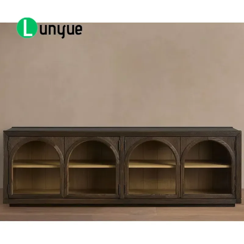 Luxury American Style Oak Solid Wood Four Door Media Cabinet For Living Room Furniture Storage TV Stand Console Table