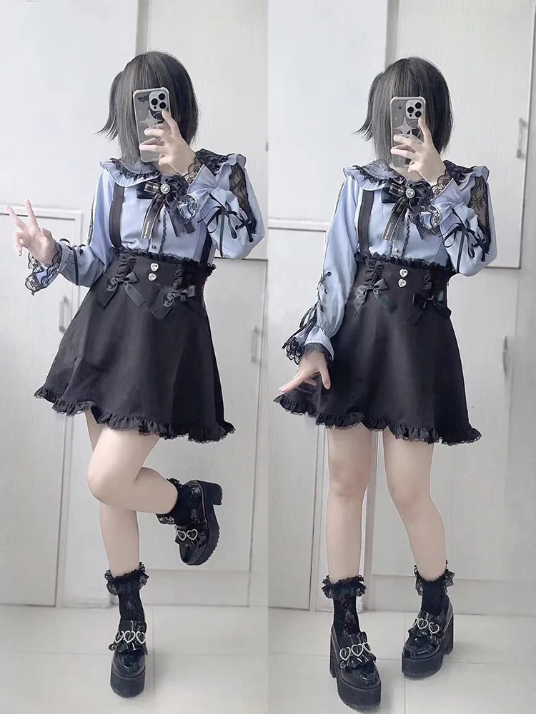 

Daily Lolita Lace Ribbon strap collar Dark Style Sweet girl Long sleeve Gray blue shirt Female Outfit A