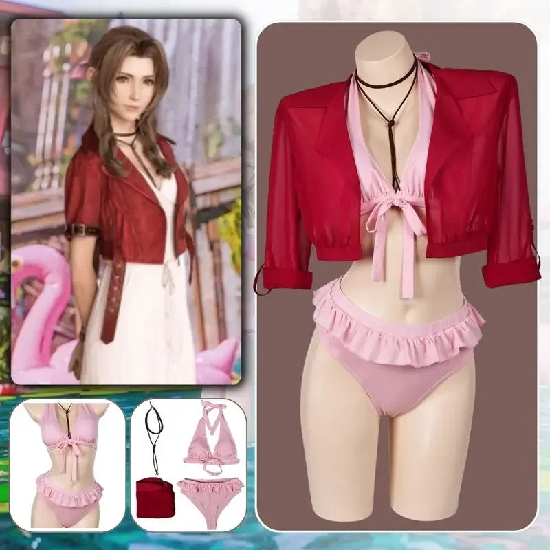 Final Fantasy 7 Aerith Cosplay Swimsuit Costume Disguise for Women Girls Two-Piece Bikinis Set Fantasia Halloween Disguise Suit