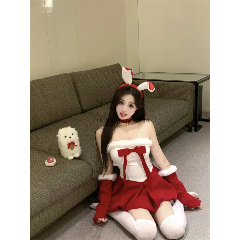 

Рождественский наряд с кроличьими ушками в западном стиле, волосатое платье контрастного цвета без бретелек, пышная юбка, сексуальное рождественское платье