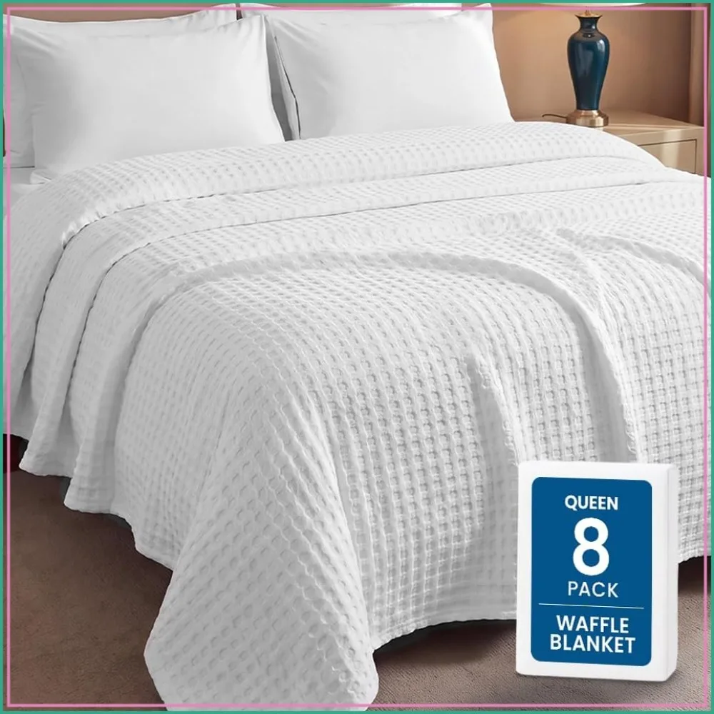 8 Pack Queen 100% Cotton Waffle Blankets Bulk Box White for Hotels Resorts
