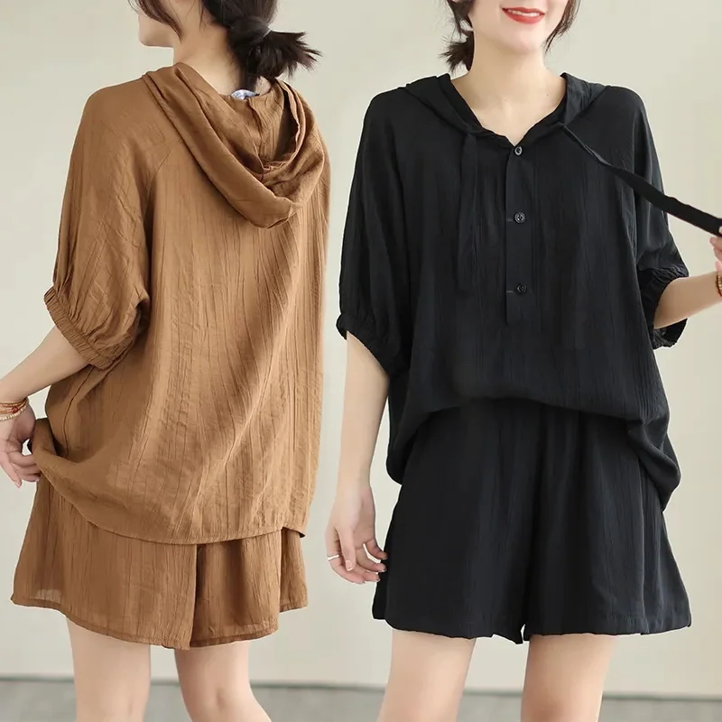 

plus Size 300 Pounds Fat MM Hooded Semi-Unbuttoned Top Shorts Two-Piece Set Pure Color Simple Versatile Meat Concealing Set