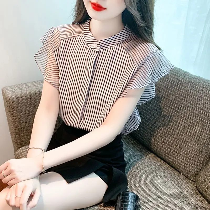 Fashion Striped Butterfly Sleeve Shirts Women's Clothing 2024 Summer New Loose Korean Short Sleeve Tops Office Lady Blouses