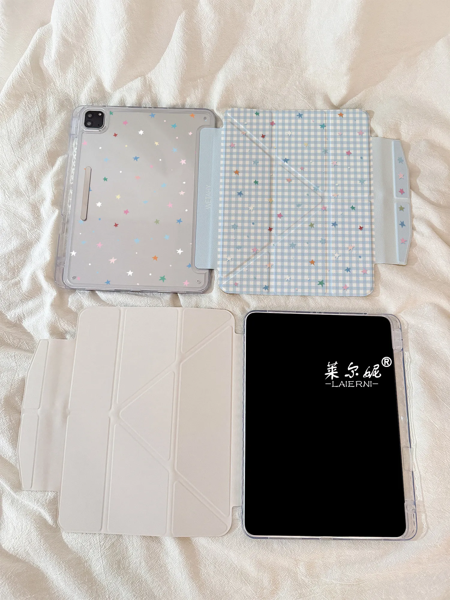 Korean Blue Grid Star Tablet iPad Case For iPad Pro 11 13in 2025 iPad Pro 12.9in Air7 10th 11th M4/5 MINI Magnetic Buckle Cover
