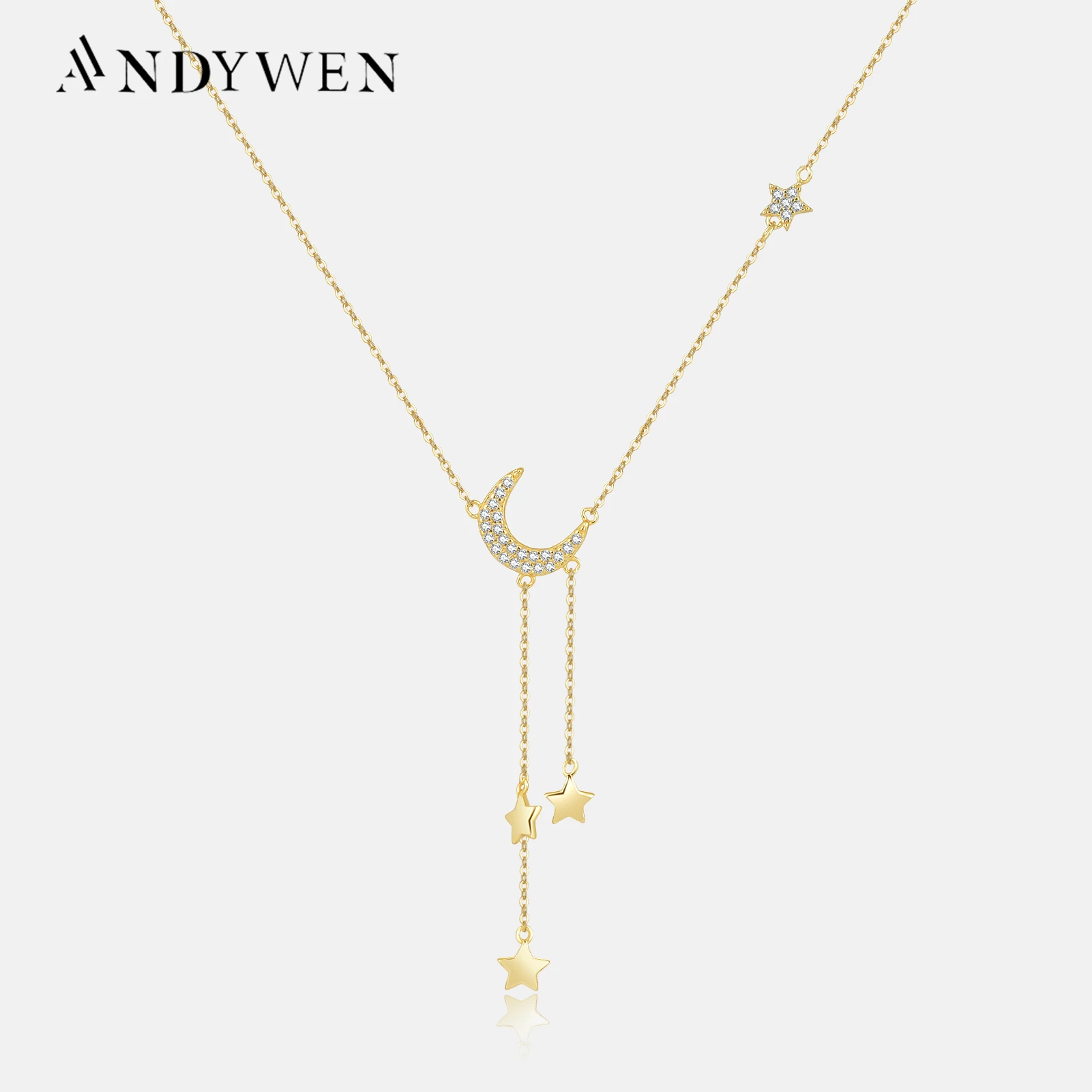 ANDYWEN 925 Sterling Silver Gold Moon Star Chain Pendant Necklace Long Chain Women Luxury Jewelry 2021 Wedding Clear Zircon Gift