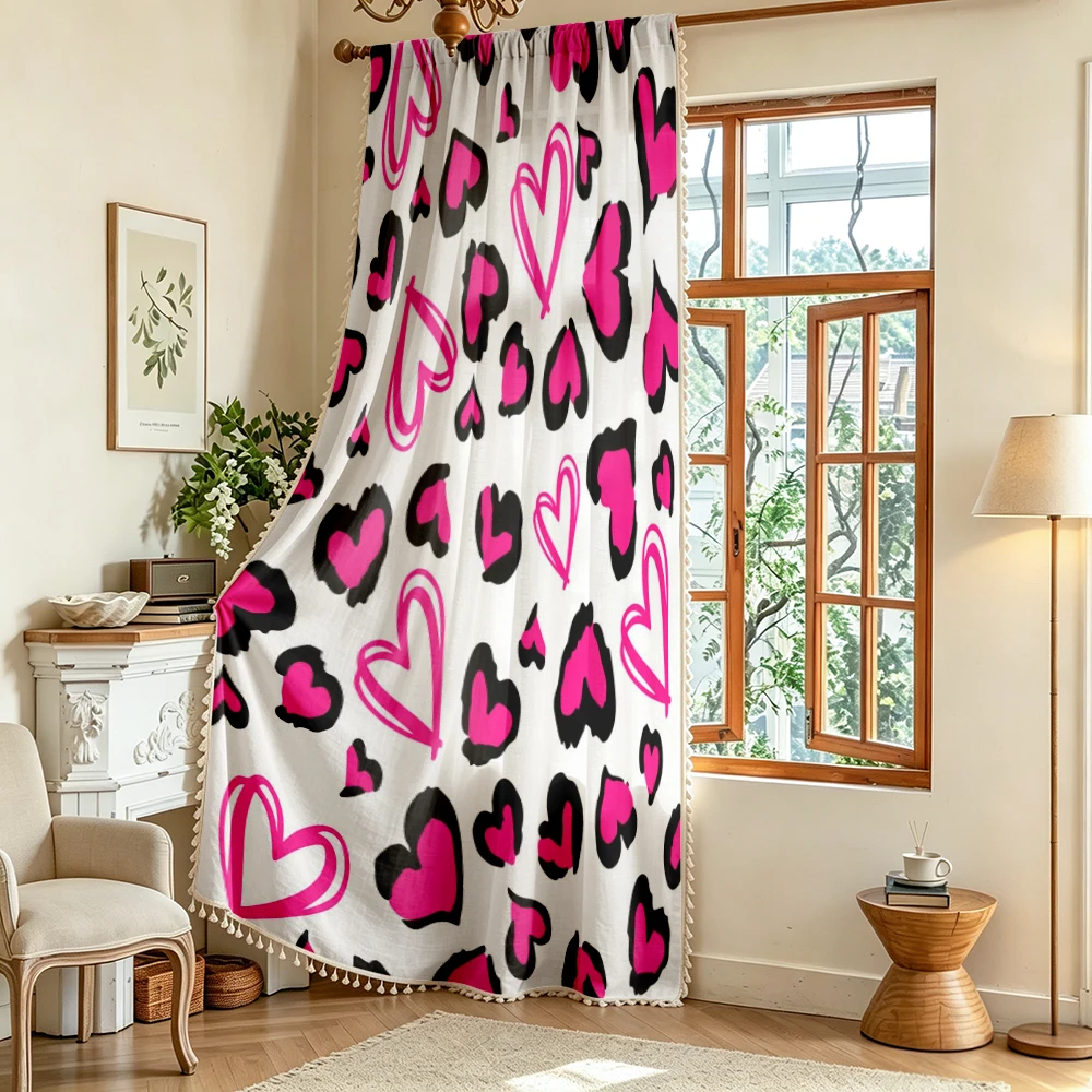 1PC Valentine Tassel Sheer Curtains, Leopard Heart Pink, Digital Print, Linen Polyester, Bedroom Living Room, Home Decor