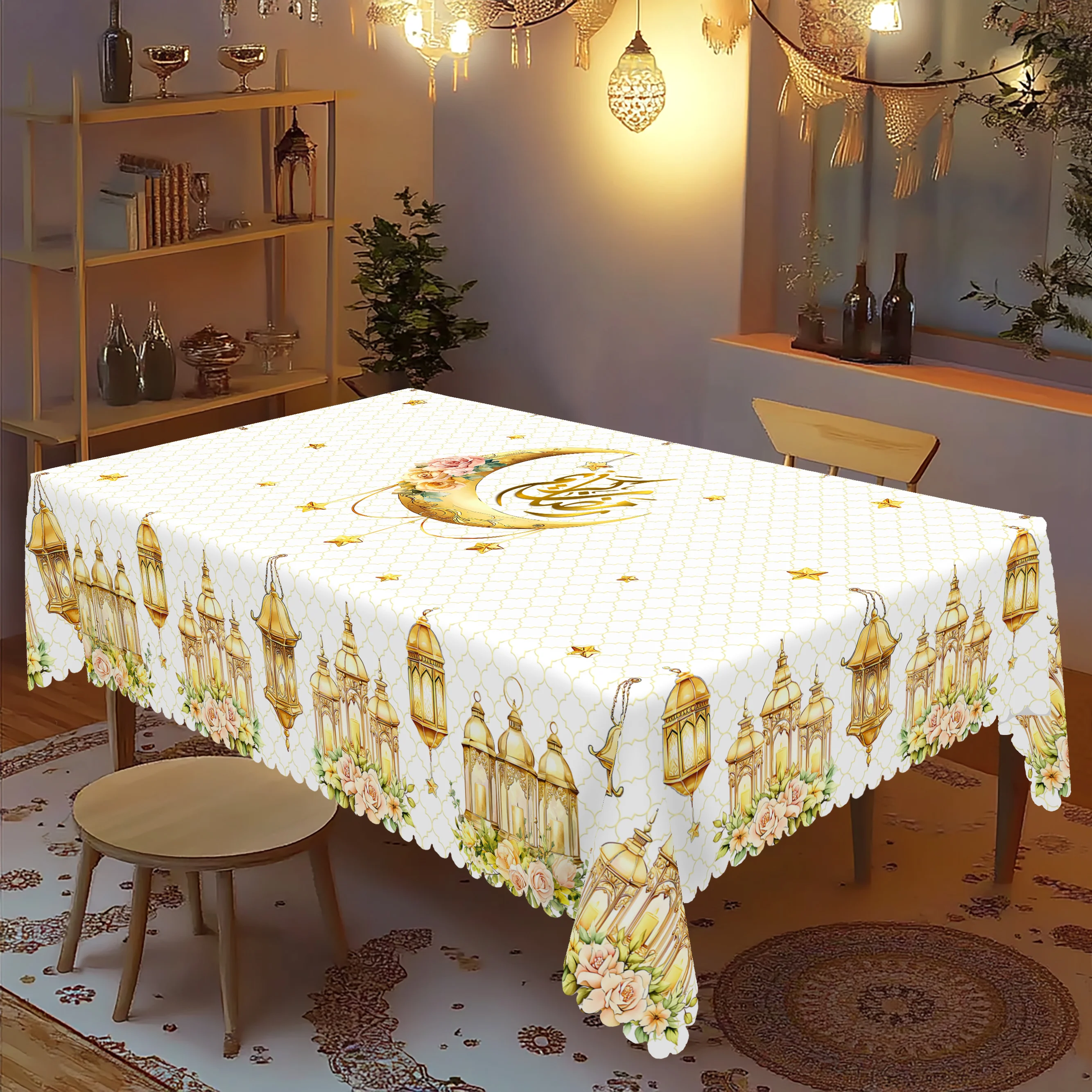 1 Piece Ramadan-Themed Round and Rectangular Tablecloth, Available in 5 Sizes, Gold-Plated Muslim Patterned Printed Tablecloth, Embossed Edge Design, Eid Al-Adha Restaurant Tablecloth Decoration, Suitable for Everyday Home Kitchen, Patio Use, Eid Al-Adha Decoration, Spring Decoration