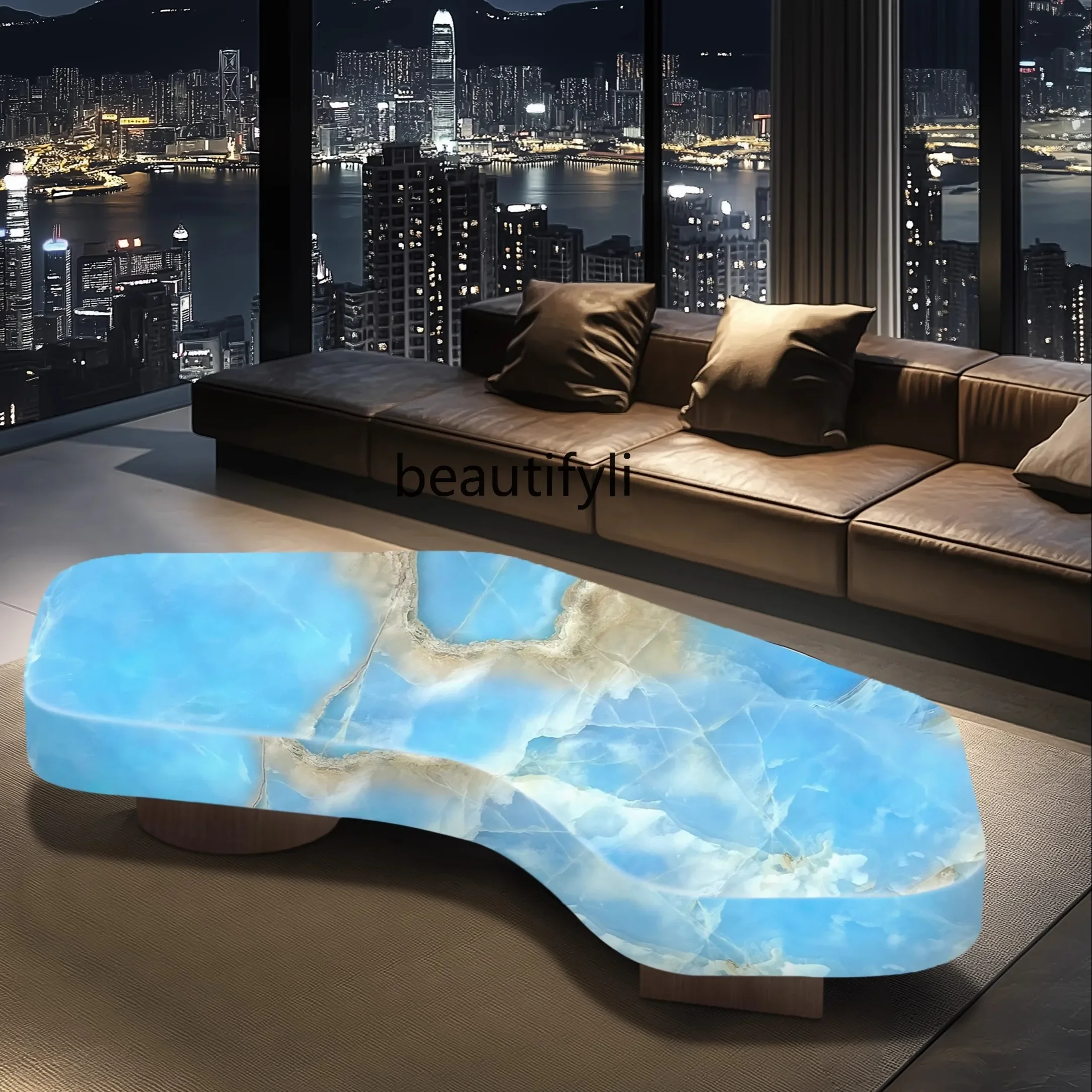 B132 Living room coffee table luminous jade luxury stone white ice jade meniscus light luxury advanced large flat layer