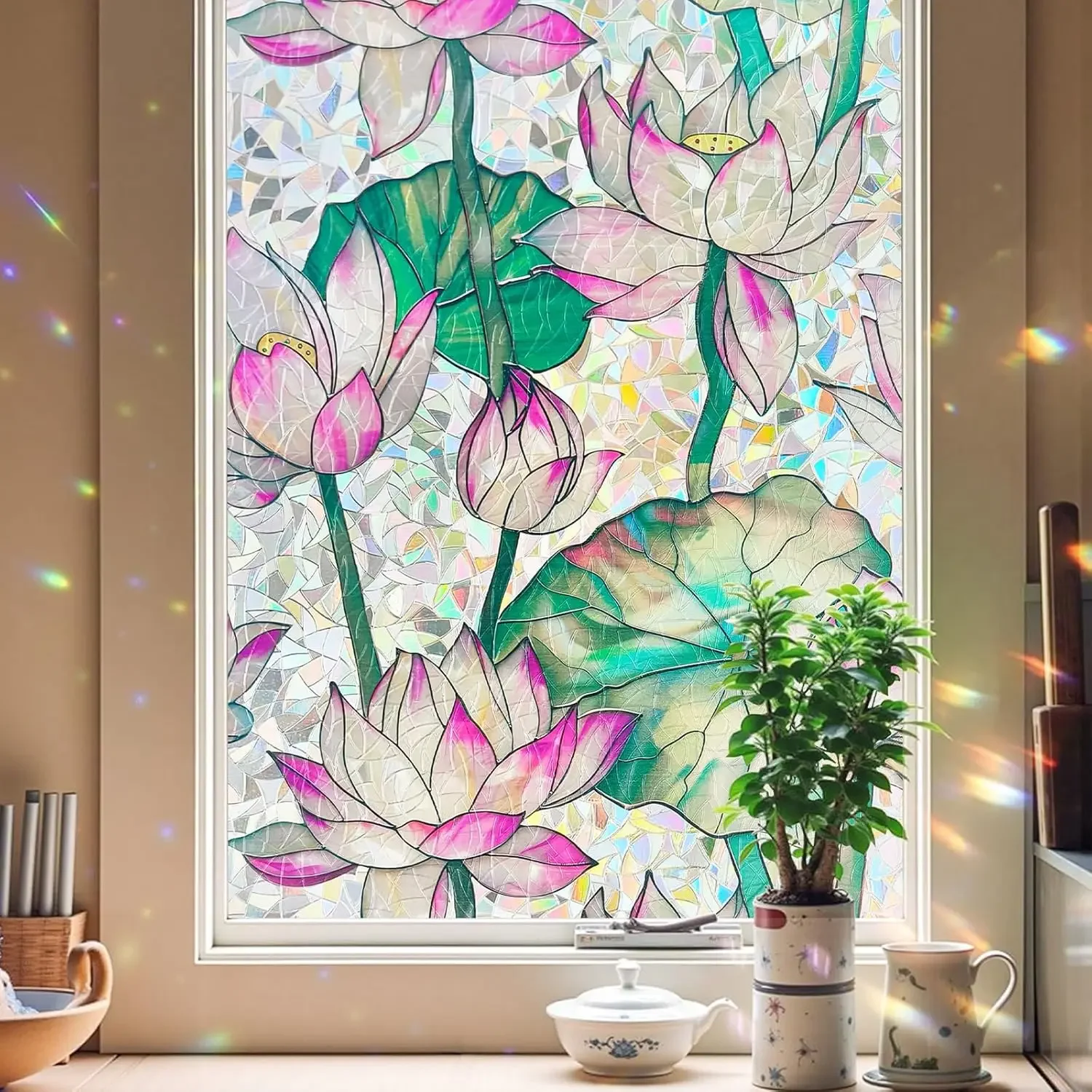 Lotus Rainbow Window Privacy Film Static Cling Removable Sun Block Vinyl Decal for Kitchen Bedroom Living Room Glass Windows
