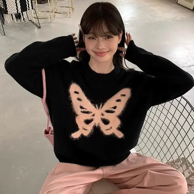 

Korean Style Sweet Spicy Butterfly Black Sweater Round Neck Lazy New Women Autumn Y2K Temperament Women High End Sweater Jacket