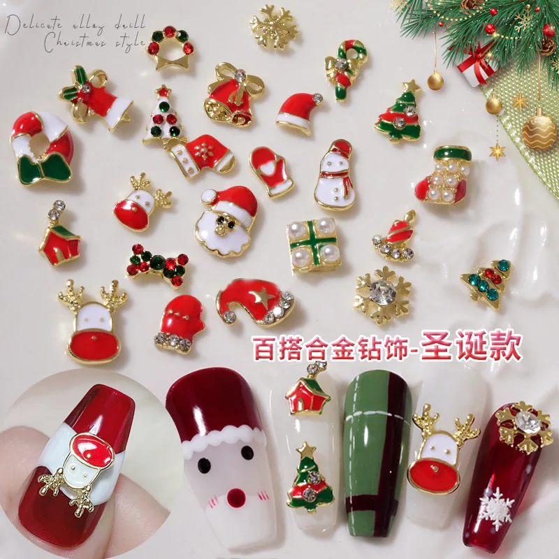 10pcs Luxury Gold Silver Christmas Nails Charms Shiny Santa Hat Snowflake Wreath Nail Decorations Jewelry Nail Art Accessories