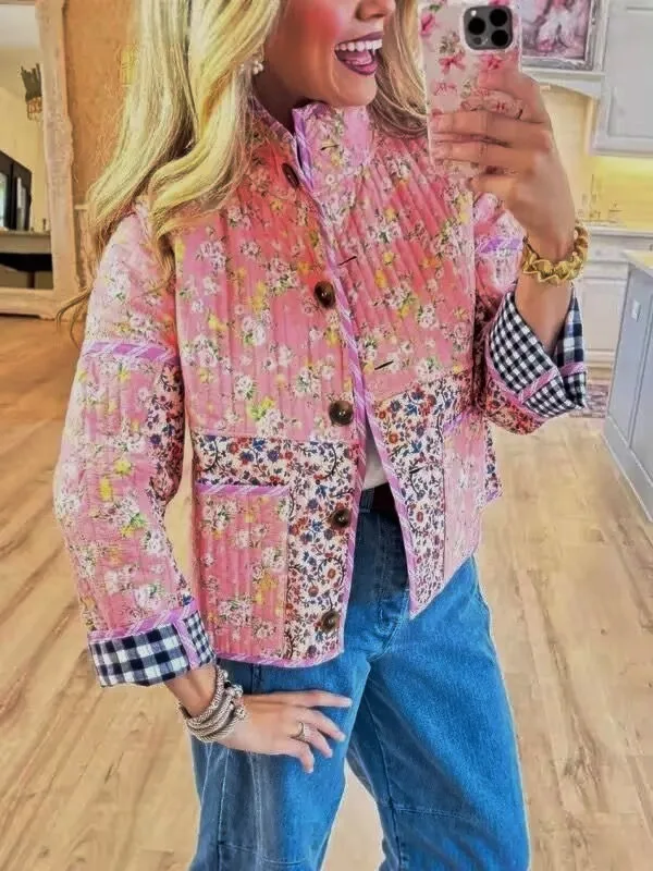 

Женская куртка в этническом стиле с цветными блоками, зимняя модная повседневная хлопковая куртка в клетку с цветочным принтом, верхняя одежда на пуговицах с воротником-стойкой