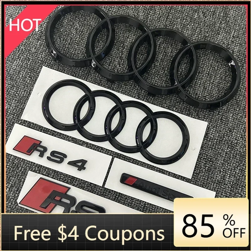 

For Audi Slien AUDI RS4 2016-2020 4Ring Logo ABS Black Car Hood Front Grill Emblem Rear Trunk Badge Sticker RS4 AUDI Sport Emb