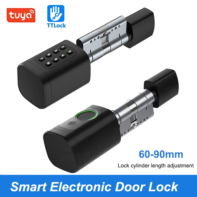 60-90mm Adjustable TT Lock/ Tuya Bluetooth Smart Fingerprint Digital Cylinder Lock with APP/Password/RFID Card/Key Unlock