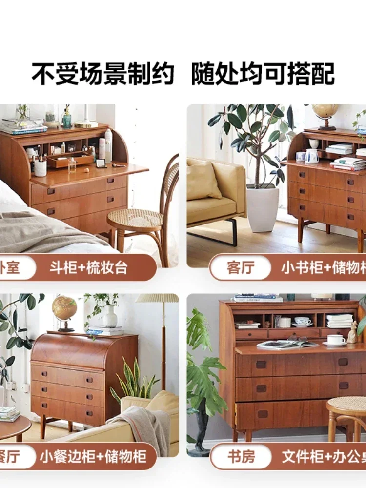 Teak Round Head Secretary Cabinet Flip Dresser Bedroom Cosmetic Cabinet Storage Side Cabinet