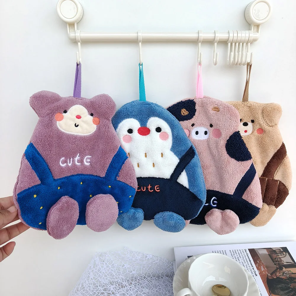 Cartoon Hanging Hand Towel Coral‑Fleece Quick Dry Washcloth for Kitchen Bathroom Children's Hand Towels