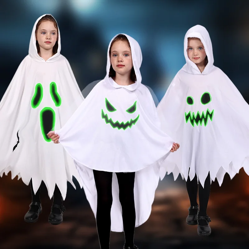 

Children's Night Light Ghost Costume - Ghost Face Printed Hooded Cloak Halloween Role Playing Costume