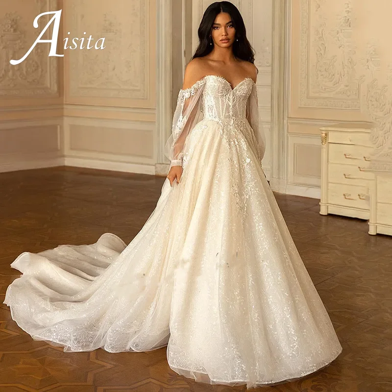 Wedding Dresses Sparky Glitter Off Shoulder Long Sleeve Lace Bride Dress Vestidos de Noiva Vintage Princess Gothic Wedding Gowns