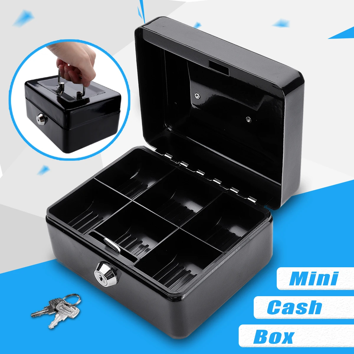 Mini Portable Sturdy Metal Money Safe Storage, Cash Box with Coin Tray, Petty Organiser, KeysLock Deposit, Black