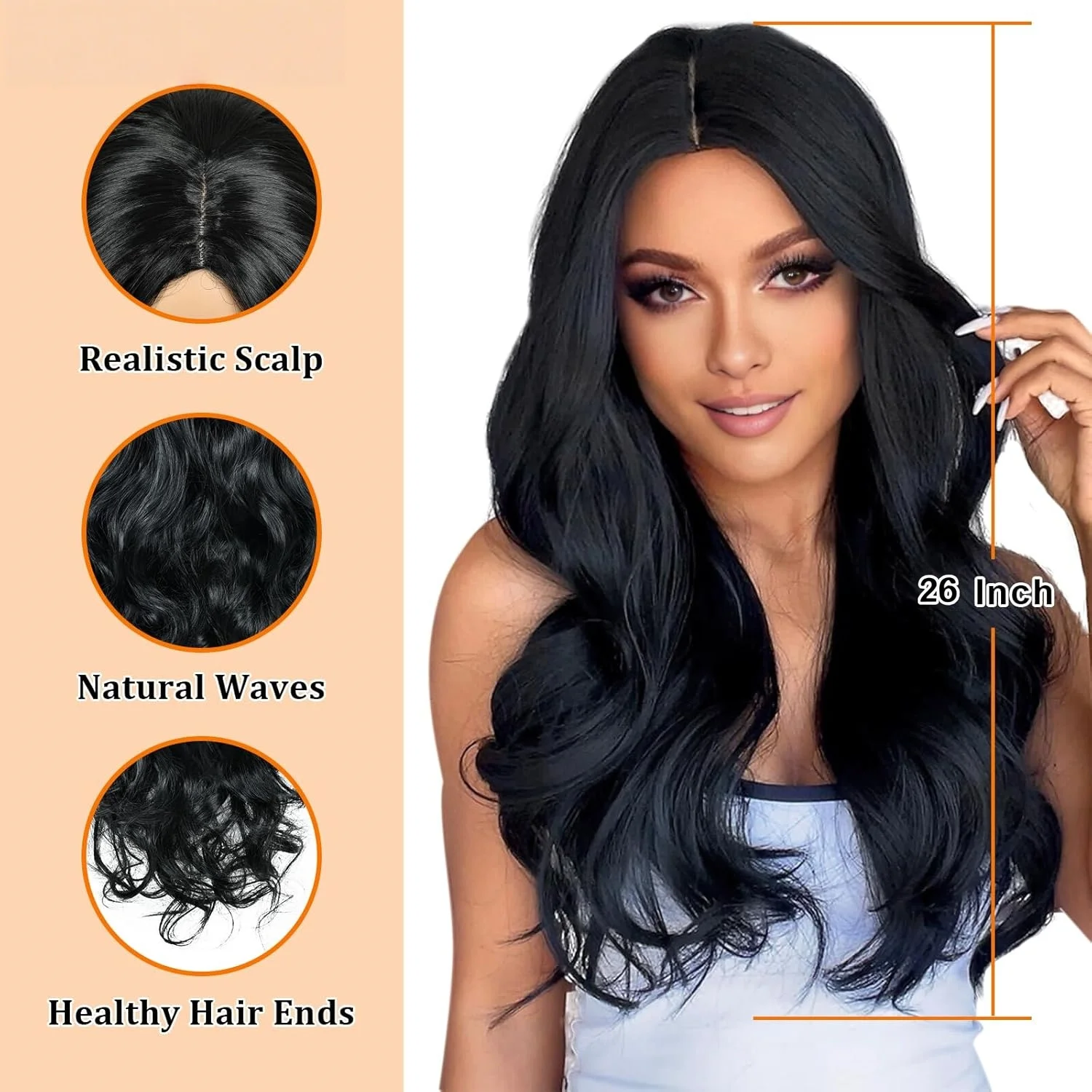 

Длинный синтетический парик с волнистыми прядями, 26 дюймов, натуральный черный цвет, легко надевать и регулировать, для коррекции формы лица и изменения стиля.