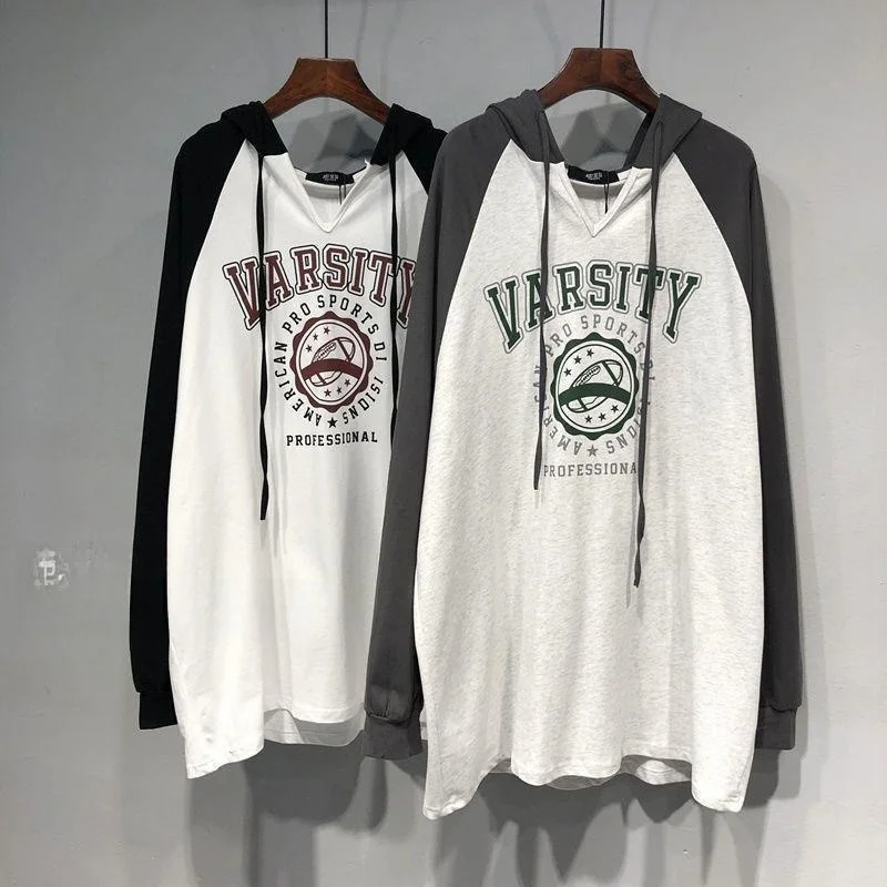 

plus Size V-Neck Loose T-Shirt Belly Covering Mid-Length Splice Color Block Spring Autumn Women's Fashion Casual Top