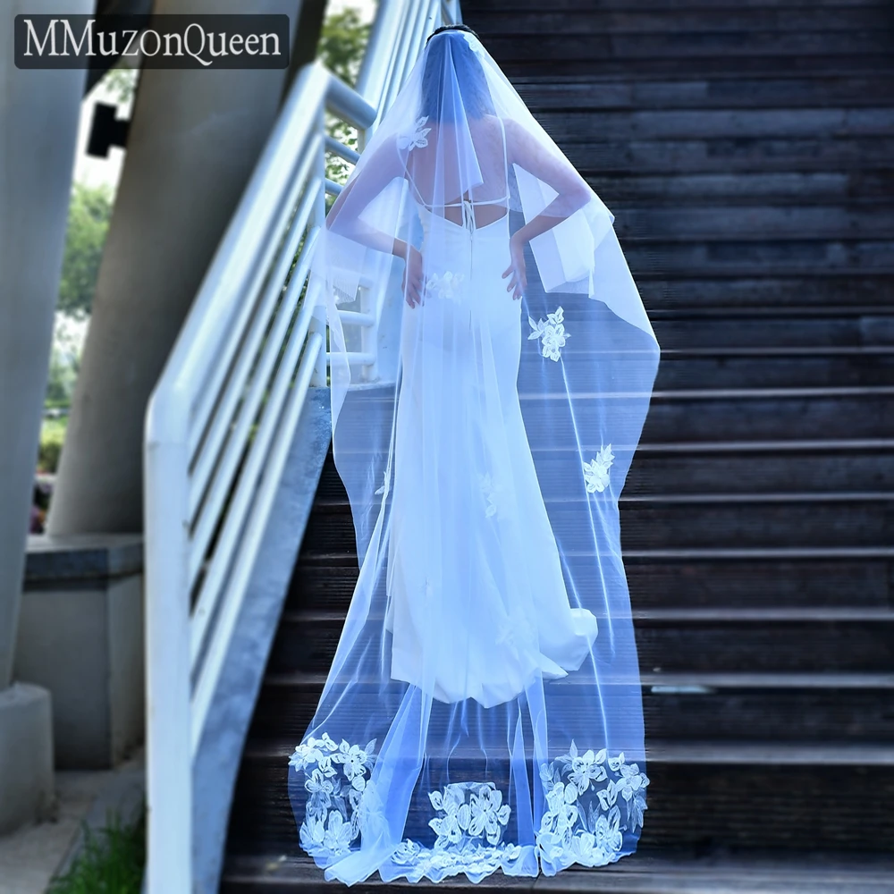 

MMQ M79 Flower Embroidery Cathedral Wedding Veil No Comb Soft Tulle Long Elegant & Luxury Wedding Veil