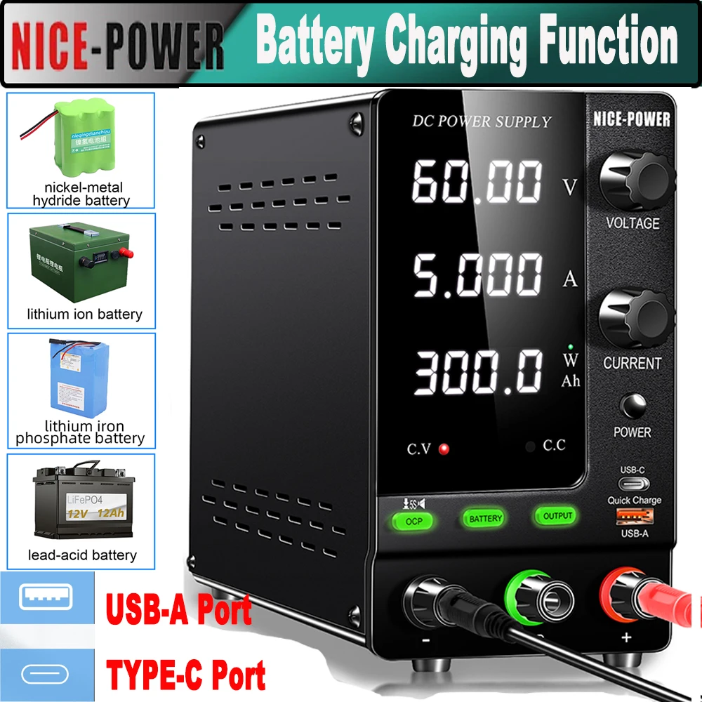 

USB Type c Fast Charging DC Power Supply 30V 10A 12A Battery Charging OCP Output Lab Adjustable Switch Regulator Power Supply