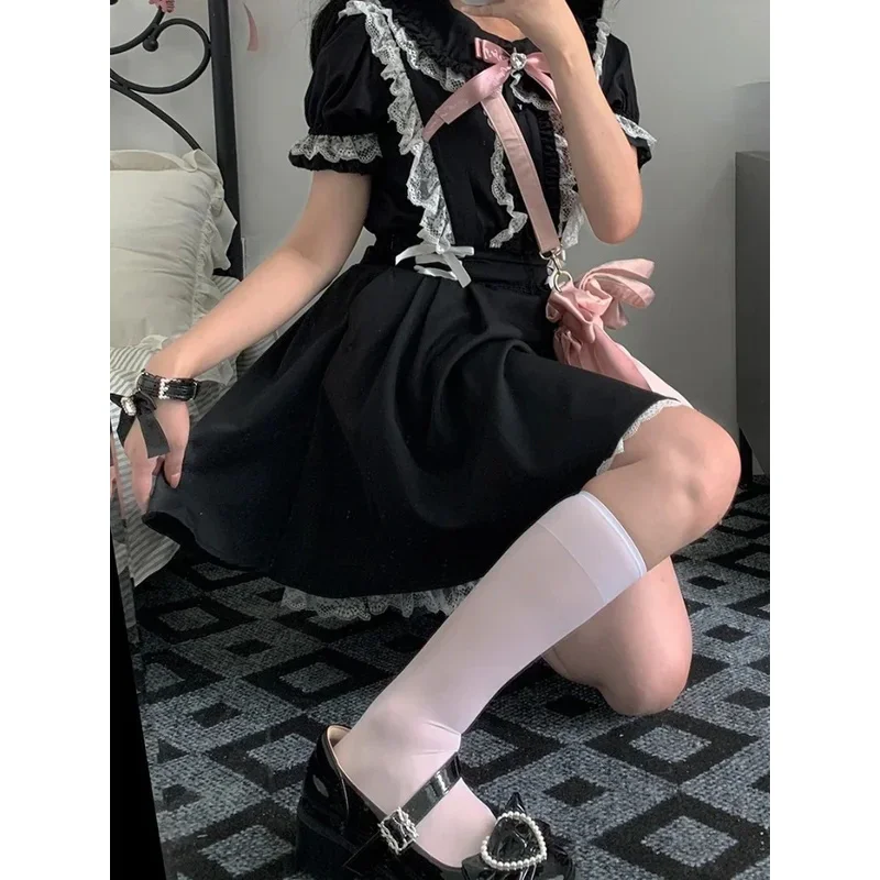 2024 صيف جديد اليابانية لطيف لوليتا الدانتيل قصيرة الحمالات التنانير Kawaii مطوي البسيطة حبال تنورة فستان Vestidos De Mujer