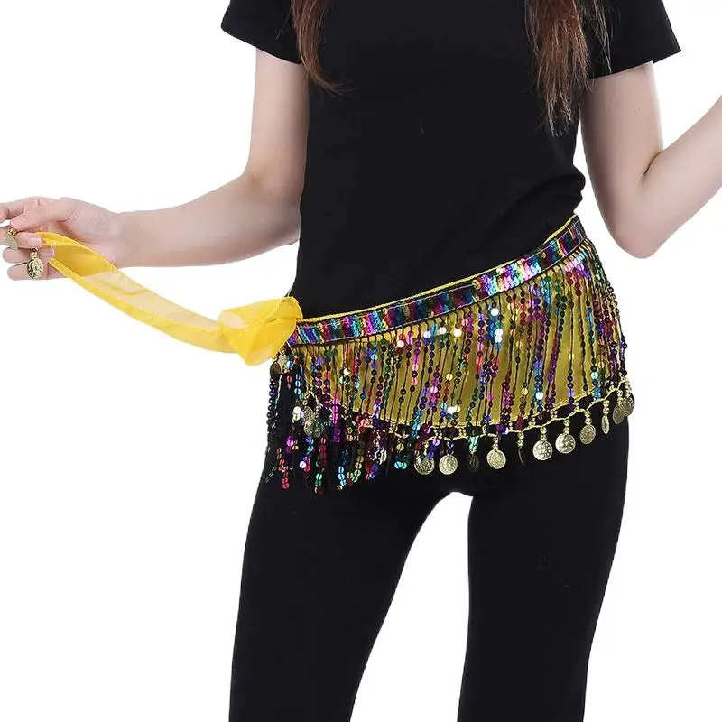 Women Glitter Sequins Belly Dance Hip Scarf Tassel Waist Chain Wrap Belt Stage Costume Rave Outfit Suit Party Mini Indain Skirt