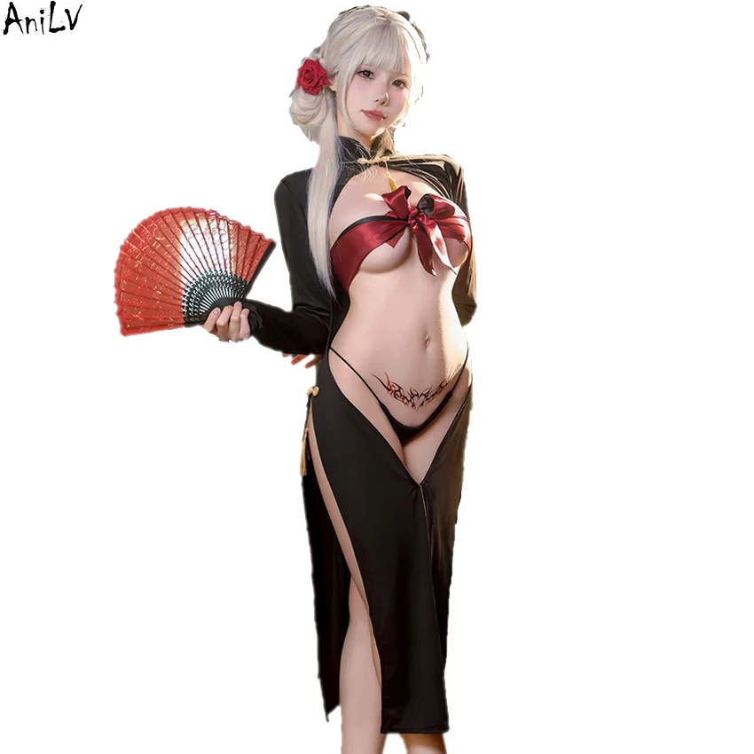 AniLV Chinese Hanfu Qipao Dress Sexy Lingerie Clothes Women Hot Hollow Cheongsam Bow Bra Erotic Costumes