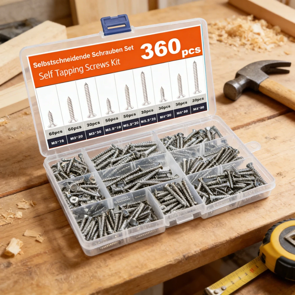 

360PCS Self-Tapping Wood Screws Set - M3/M3.5/M4*16/20/25/30/40 Phillips Flat Countersunk Head Alloy Steel Screw for Woodworking