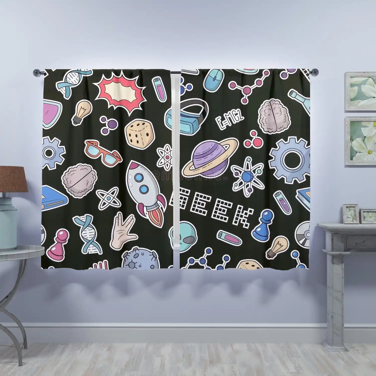 Fun Science Lab Theme Curtains Black Background Educational Cartoon Pattern for Nursery Classroom Decor