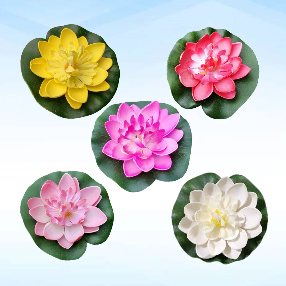 5PCS 10CM Simulation Floating Water Lily EVA Lotus Flower Pond Fish Tank Decor Ornaments (White + Red + Yellow + + Light