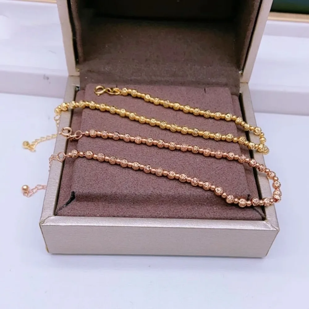 Real Pure 18K Yellow Rose Gold Chain Women Lucky Big Small Carved Glossy Beads Link Bracelet 17+3cm