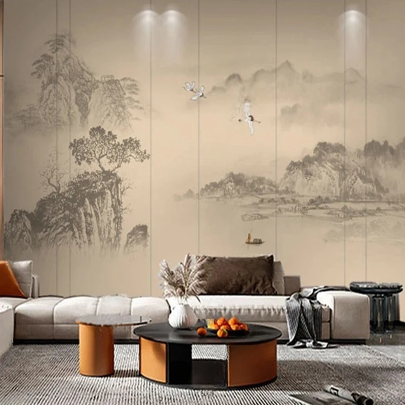 New Chinese Style Landscape Papel Tapiz Custom Hand-painted Pine Tree Mountain Crane Wall Art Decor Background Painting Mural 3D