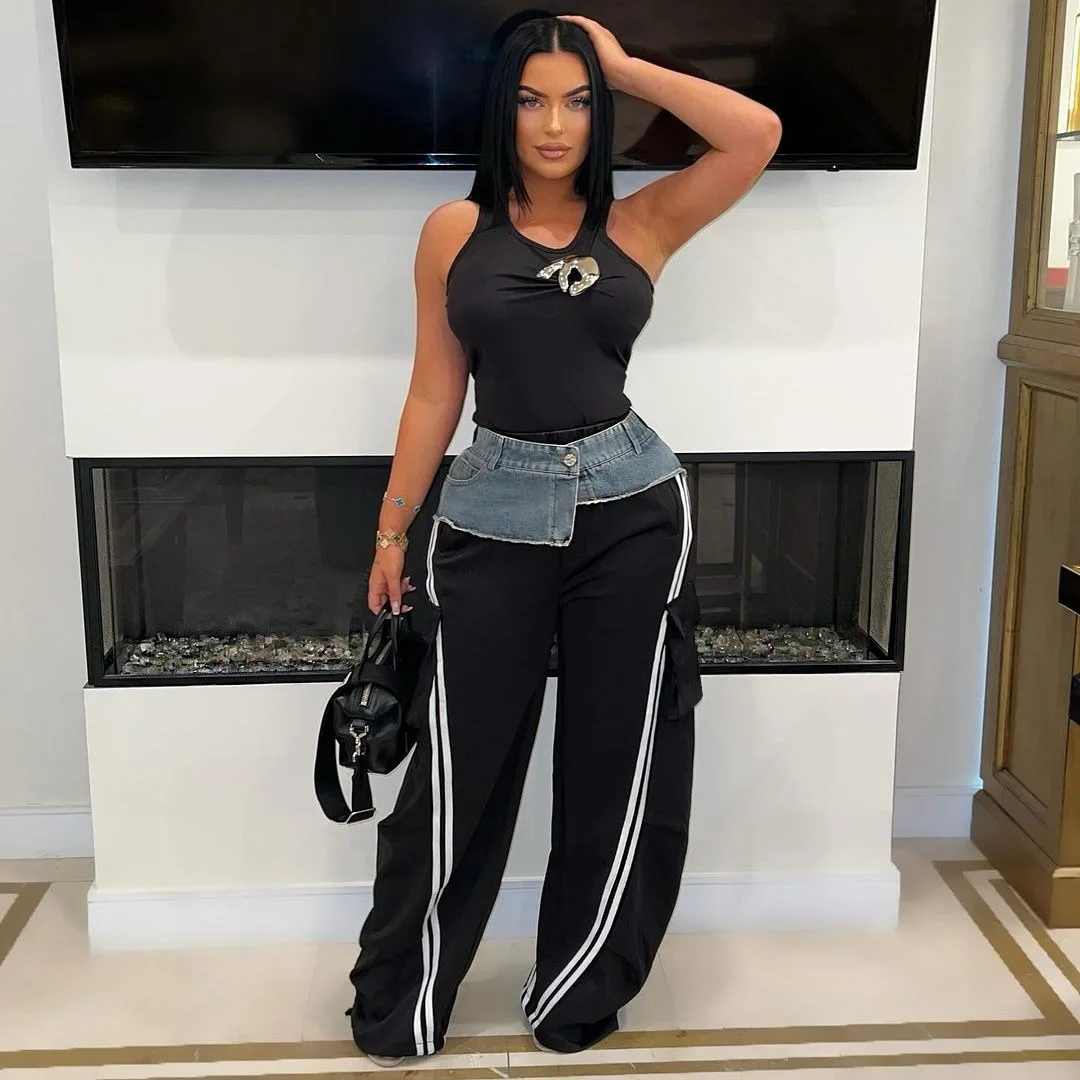 Wide Leg Pants Women Floor Length Stretch Denim Spliced Straight Slacks Mid Waist Multiple Pockets 2025 Streetwear Trousers