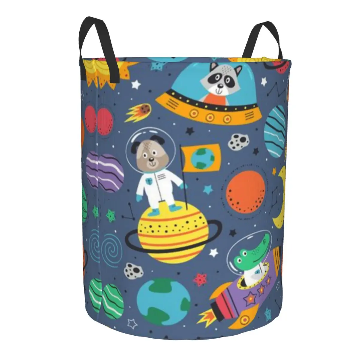 Folding Laundry Basket Crocodile Fox And Raccoon In Space Round Storage Bin Large Hamper Collapsible Clothes Bucket Organizer