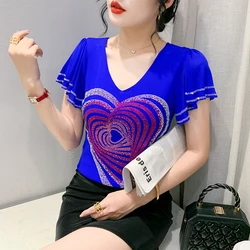 SALE Summer Short Sleeved V-Neck Women's T-Shirt Elegant Slim Hot Diamond Mesh Tops