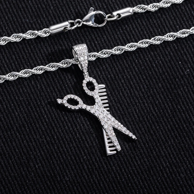 MossanRappr VVS1 Moissanite Iced Out Scissors Comb Pendant Necklace 14K Gold Plated Hip Hop Barber Jewelry Gifts for Men Women