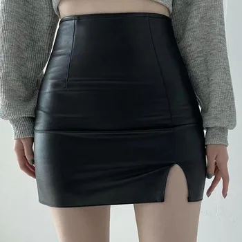 Image Xpqbb Balck PU Leather Mini Skirt Women Sexy Skinny High Waist Side Split Hip Skirts Autumn New Korean Office Lady Short Skirt