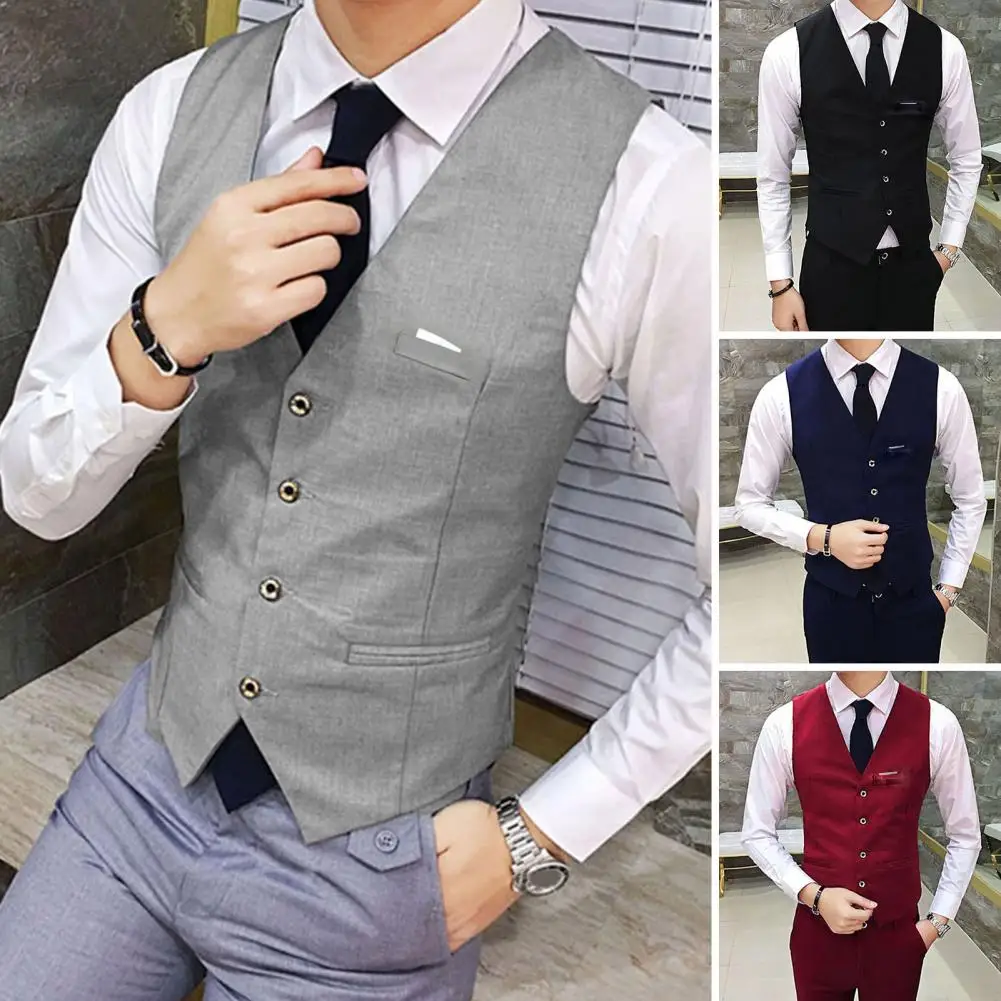 Men Suit Vest Waistcoat V Neck Sleeveless Solid Color Slim Fit Single-breasted Cardigan Formal Business Coat Groom Wedding Coat