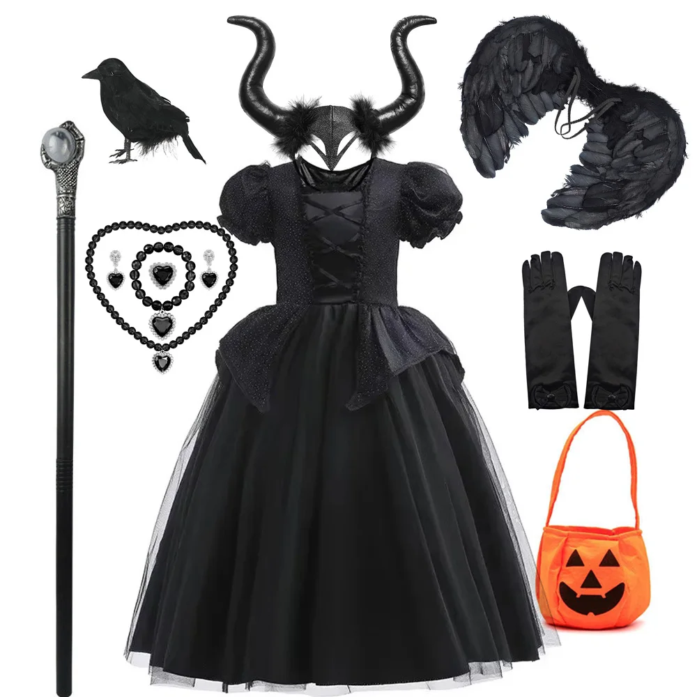 Halloween-Kostüm für Kinder, schwarzes Hexenkleid mit Flügeln, Pailletten, böser Rollenspiel-Kostüm, Maleficent Dress Up Outfit, Geisterbraut
