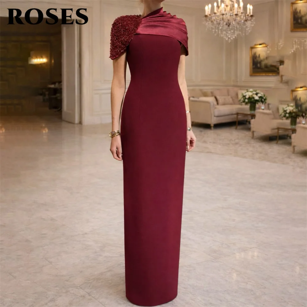

ROSES Burgundy Mermaid Satin Prom Dresses Asymmetric Ruched Shoulder Formal Dresses with Beaded Party Dress for Women Customized