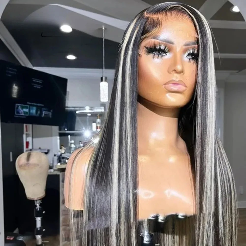 Black And White Highlight Bone Straight Lace Front Wig 13x4 HD Synthetic And Blend for Women Pre Plucked Glueless Daily Cosplay