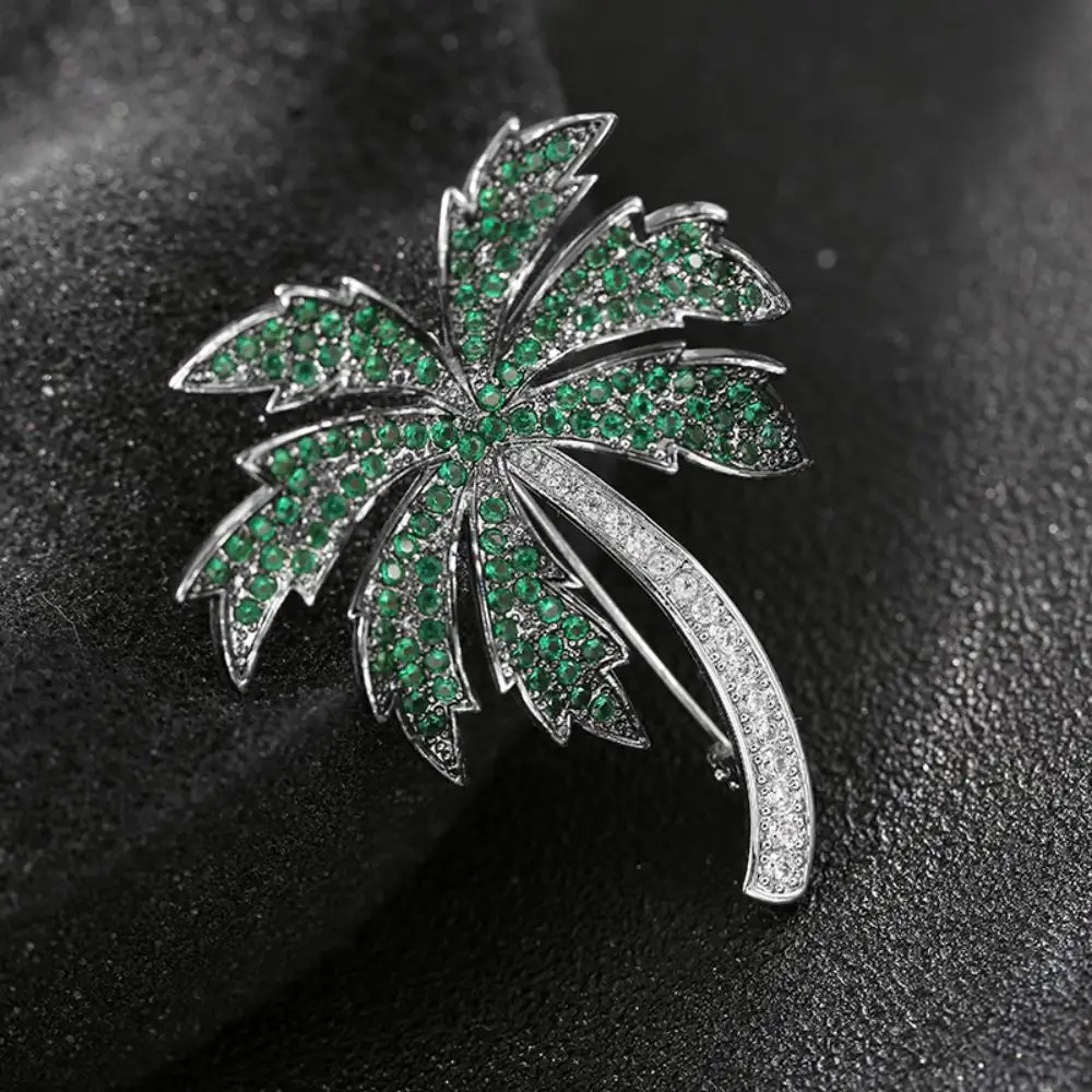 Full Green And Clear Zircon Coconut Tree Copper Lapel Pins Pretty Cocoa Palm Brass Brooches For Women Girls Dress Tuxedo Jewelry