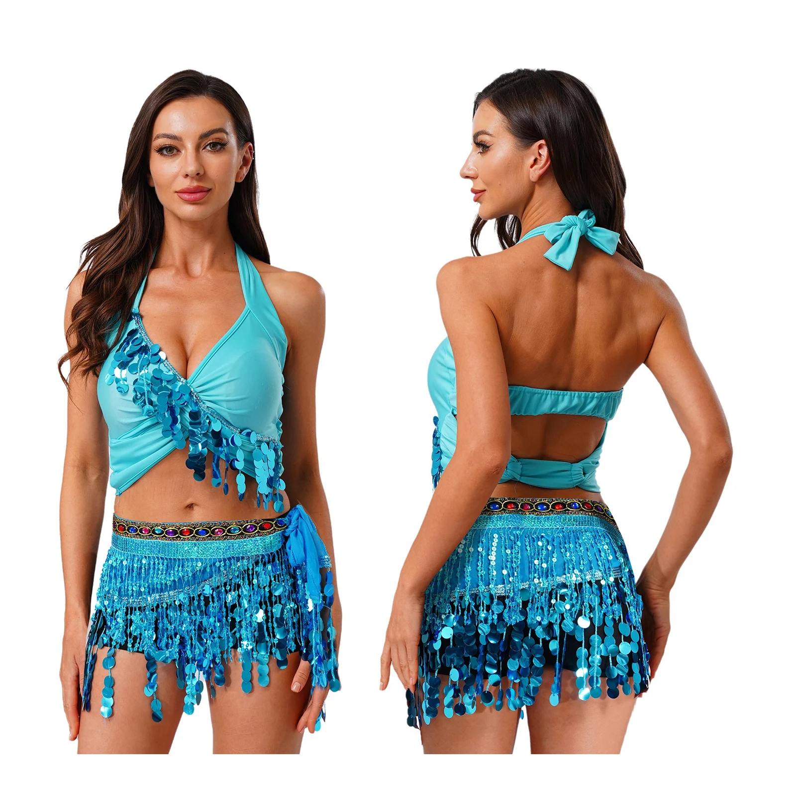 Women Shiny Belly Dancing Outfit Tassel Sequin Halter Crop Top with Fringe Hip Scarf Carnival Theme Party Performance Costume