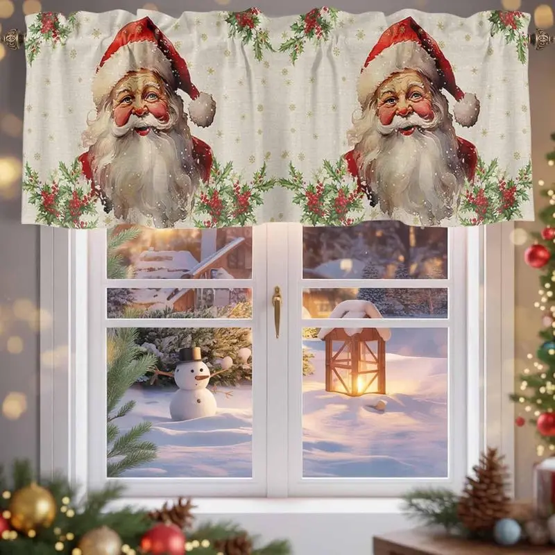 VIKAMA Christmas Window Valance Vintage Santa Holly Berry Printed Rod Pocket Short Curtain Holiday Kitchen Window Home Decor